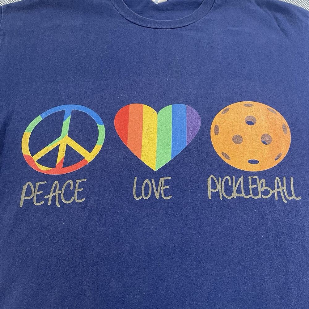 Peace Love Pickleball T-Shirt Men's XL Navy Blue LGBT Pride Themed All Cotton
